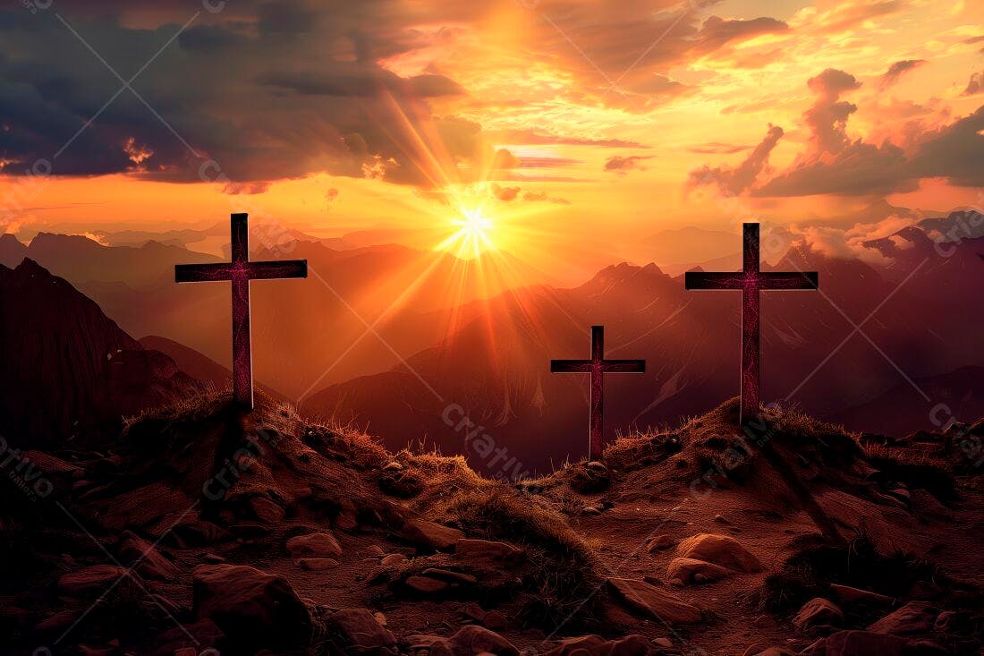 Três cruzes ao pôr do sol montanhoso