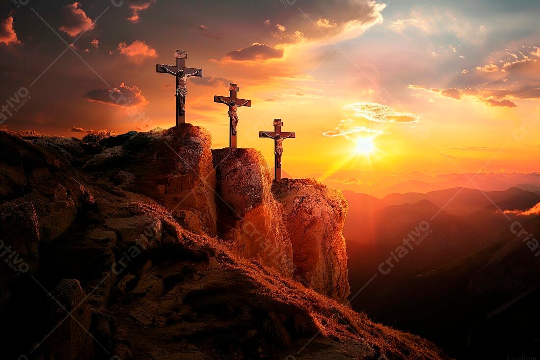 Três Cruzes ao Pôr do Sol Montanhoso