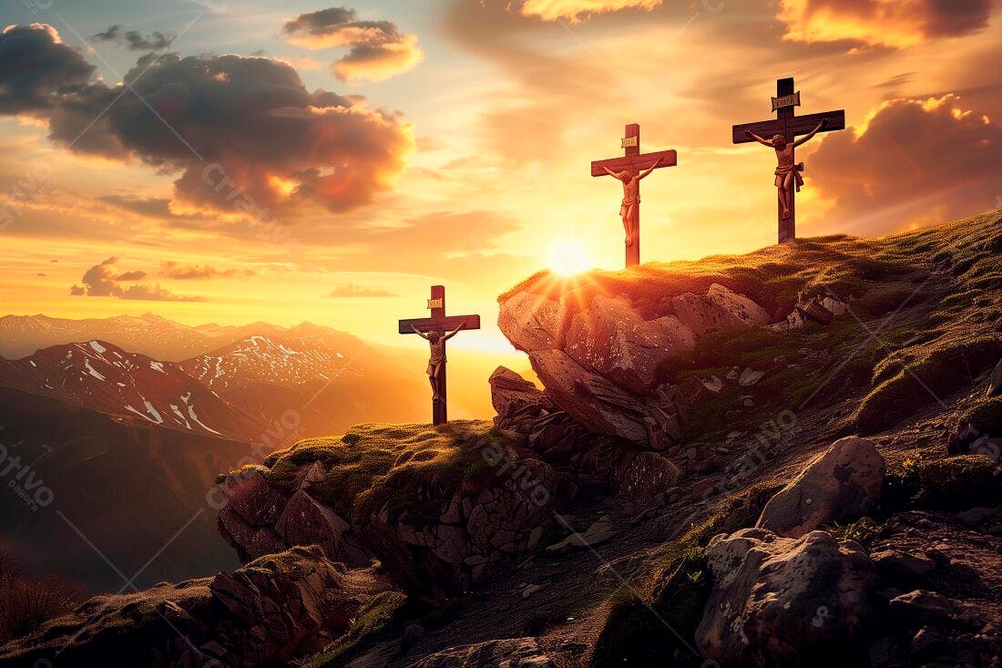 Crucificação ao entardecer montanhas