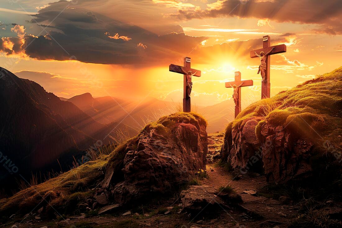 Crucificação ao entardecer montanhoso