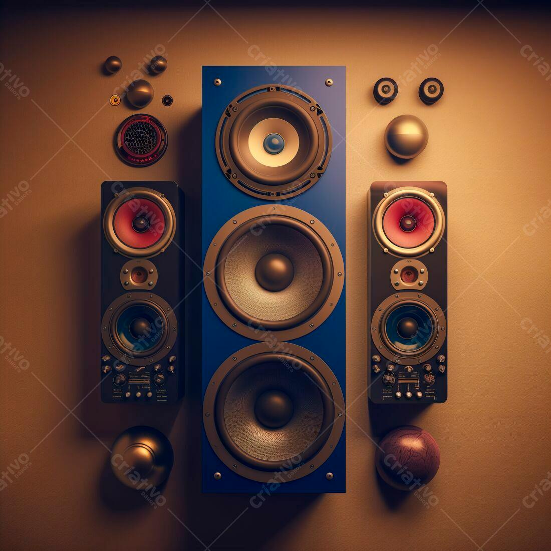 Caixas de Som azuis e pretas em estúdio