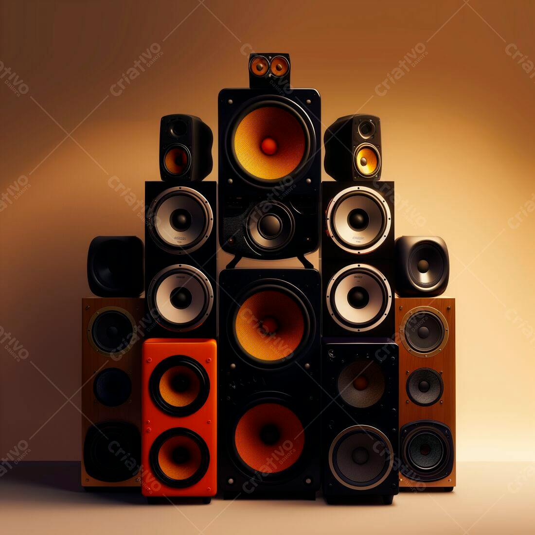 Conjunto de caixas acústicas em tons escuros e laranja