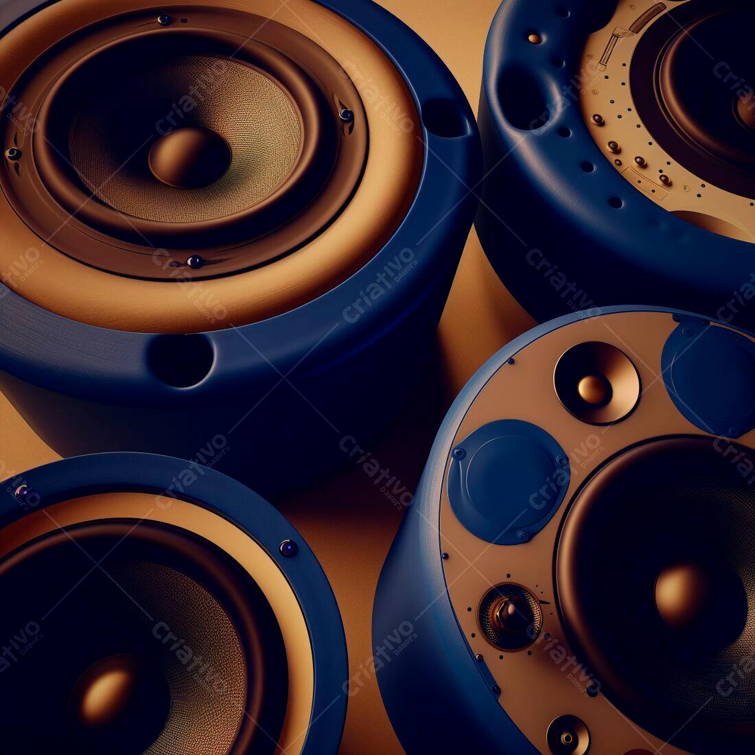 Caixas de Som azuis e douradas em fundo marrom