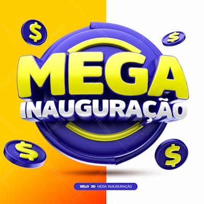 Selo 3D Mega Inauguração Azul Amarelo