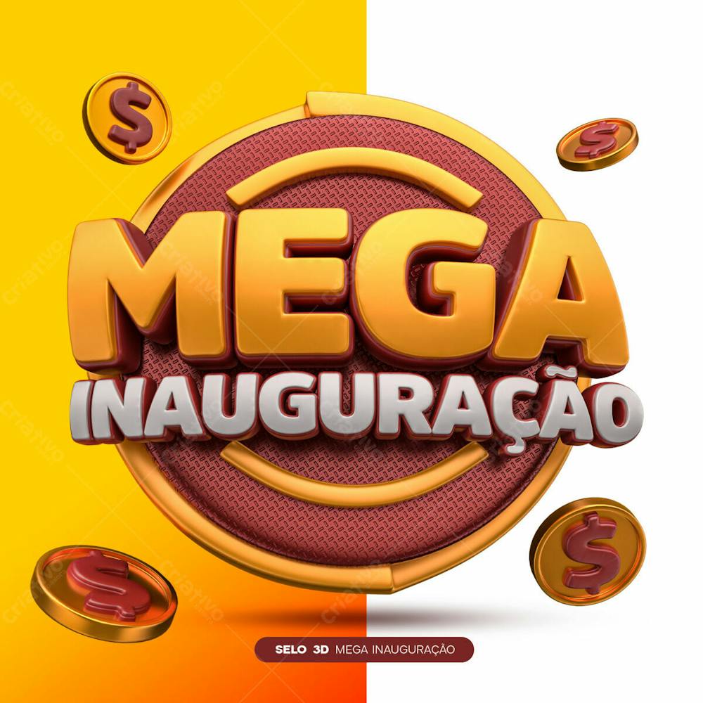 Selo 3D Mega Inauguração Vermelho Amarelo