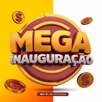 Selo 3d mega inauguração vermelho amarelo