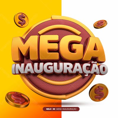 Selo 3D Mega Inauguração Vermelho Amarelo