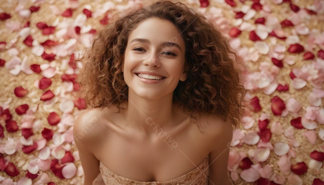 Mulher sorridente sobre pétalas de rosas