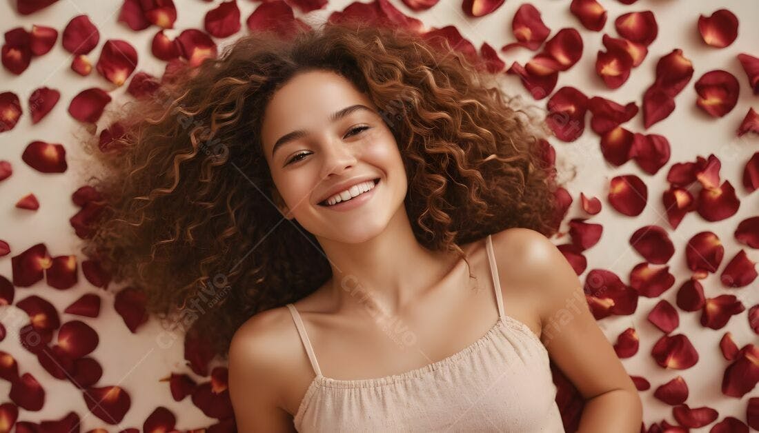 Mulher sorridente sobre pétalas de rosa