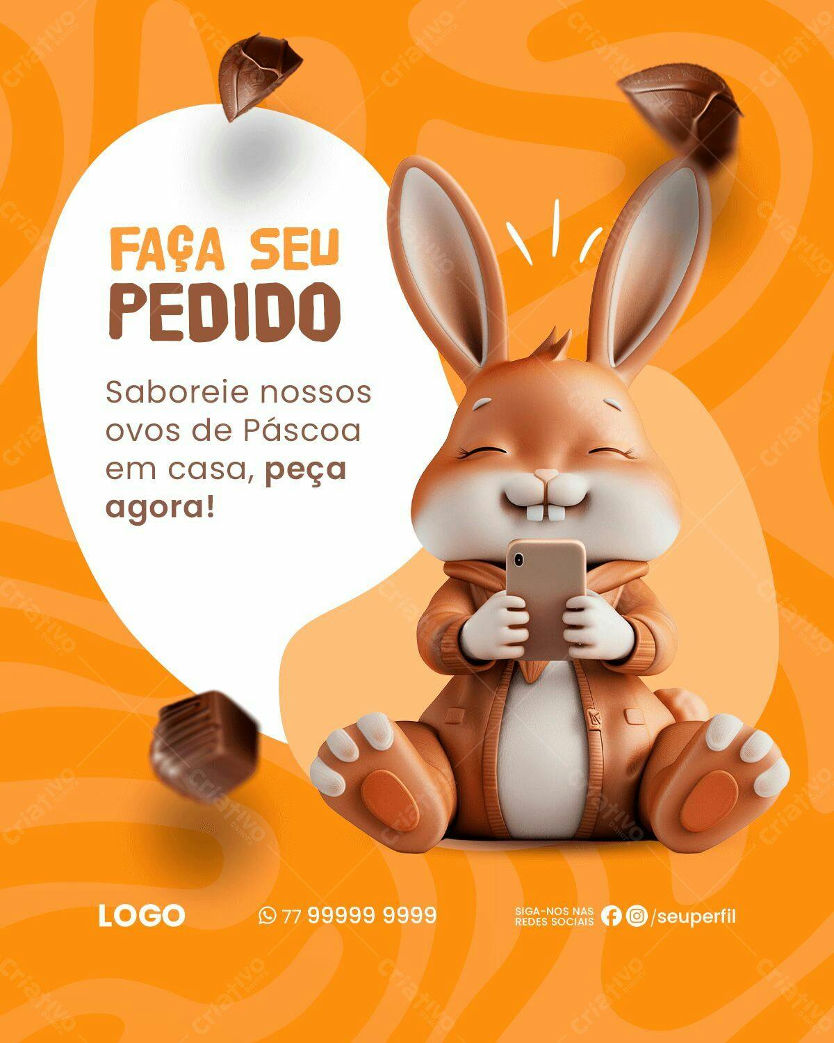 Flyer Páscoa com Coelho 3D PSD Editável