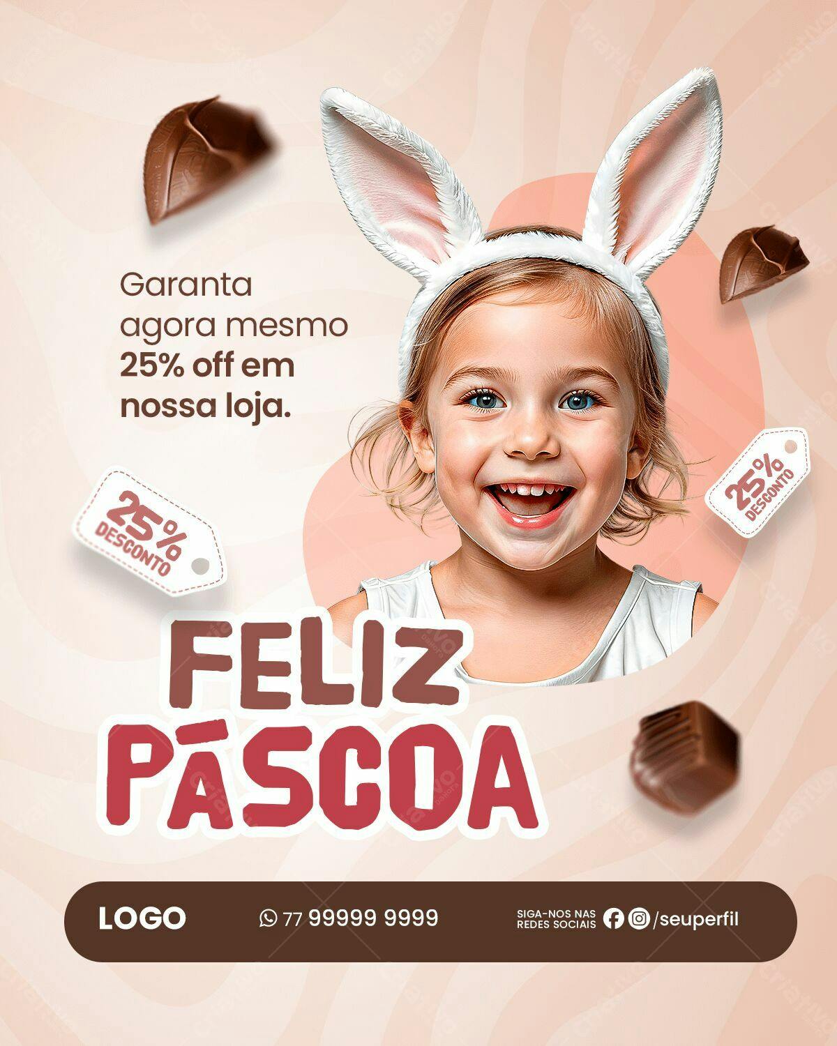 Flyer Páscoa com Menina e Ovos de Chocolate PSD Editável