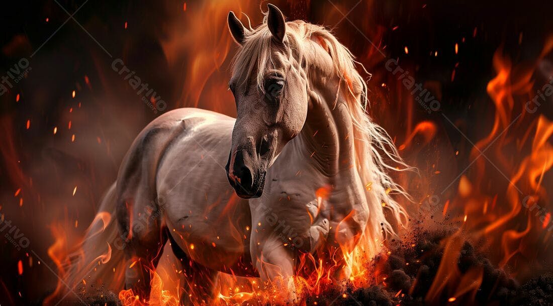 Cavalo branco em chamas fundo escuro