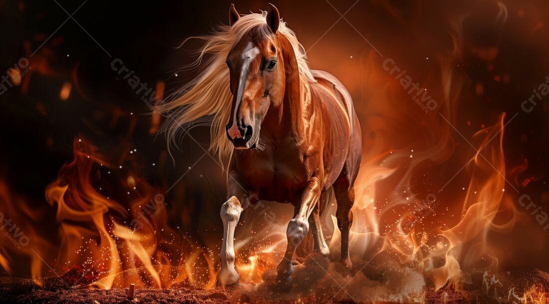 Cavalo castanho em chamas fundo escuro