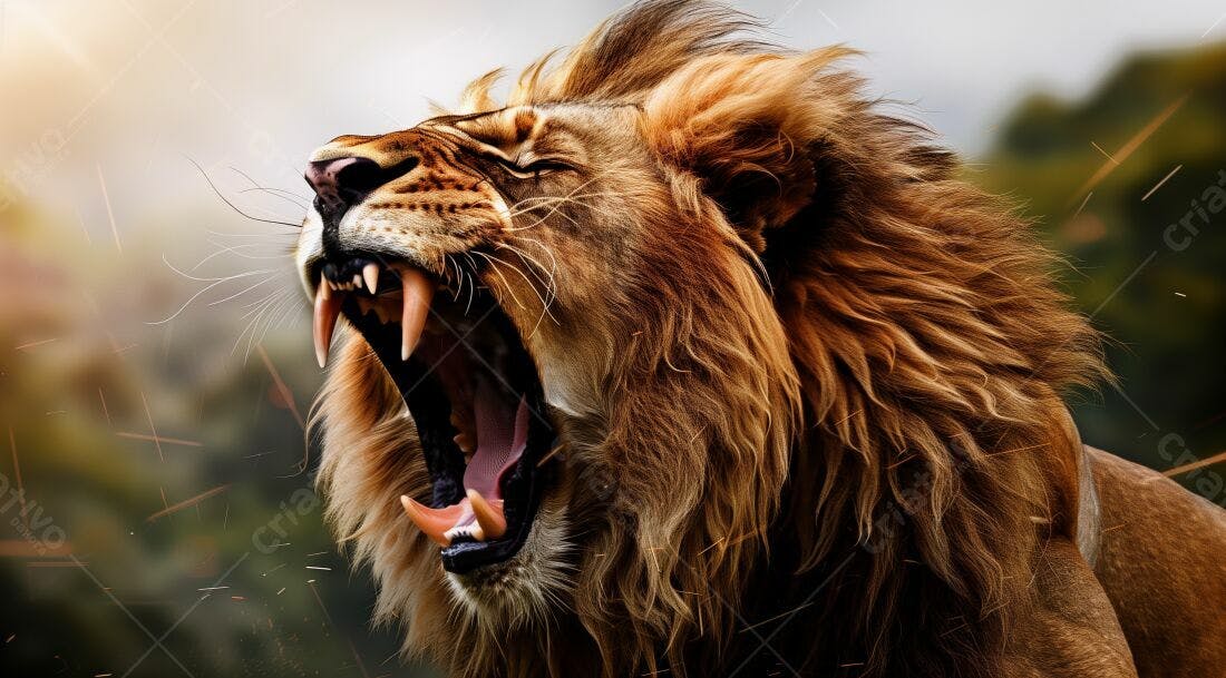 Leão rugindo com juba dourada em savana