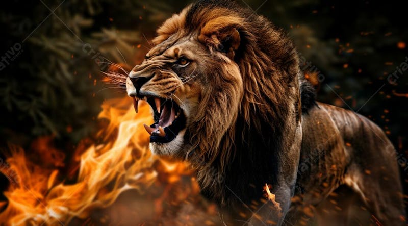 Leão com um fundo em chamas | background | imagem