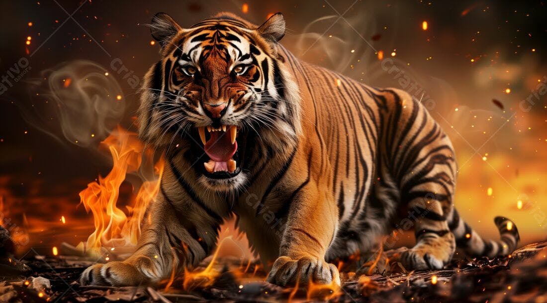 Tigre rugindo em meio às chamas