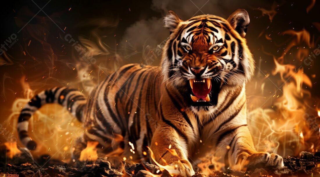 Tigre rugindo em meio a chamas