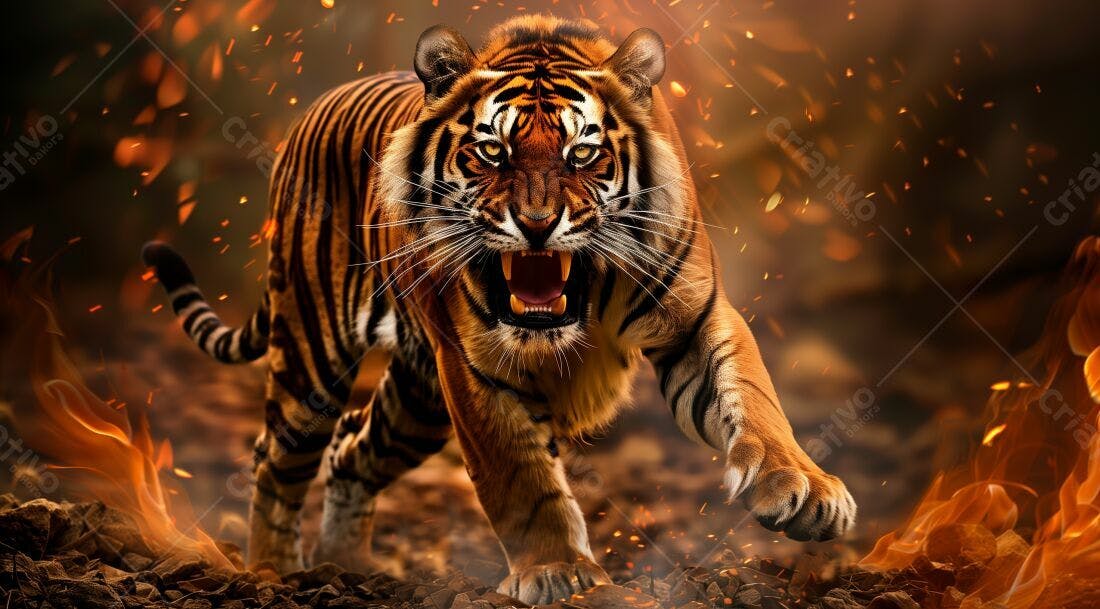 Tigre rugindo em meio a chamas