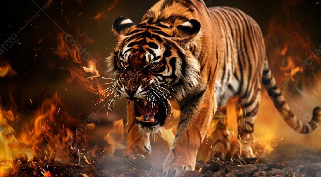Tigre rugindo em chamas fundo escuro