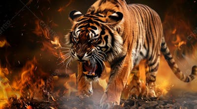 TIGRE COM UM FUNDO EM CHAMAS | BACKGROUND | IMAGEM