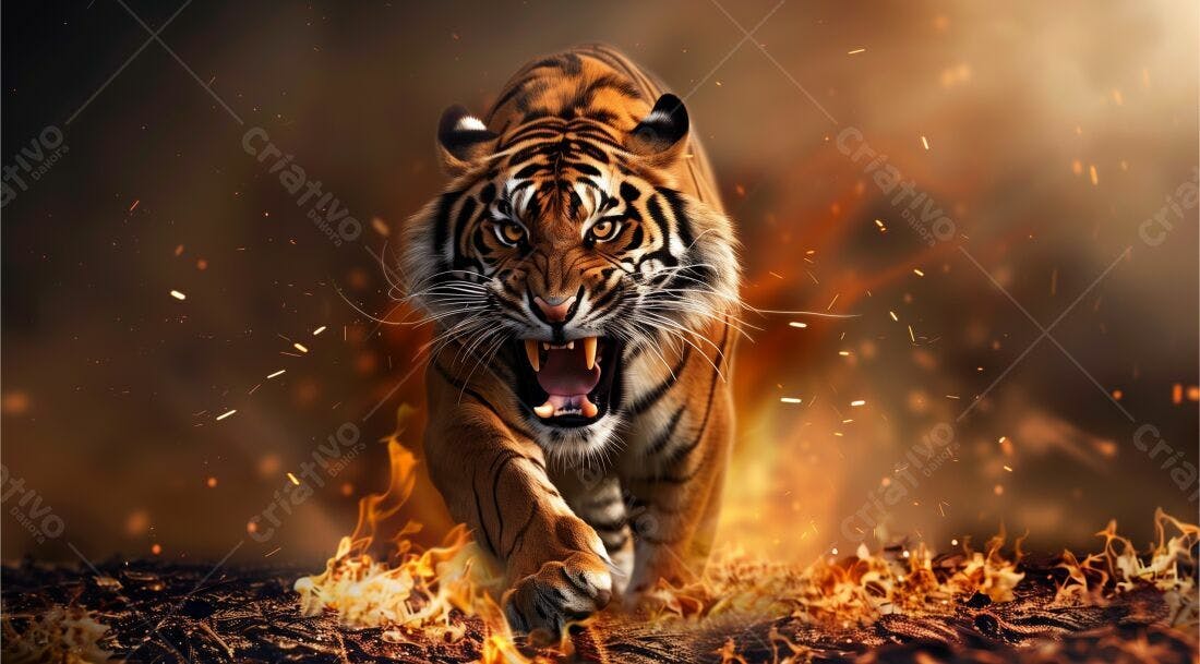 Tigre rugindo em meio a chamas