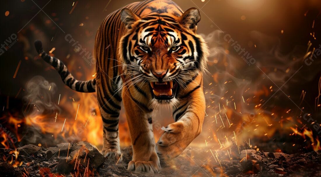 Tigre rugindo em meio ao fogo