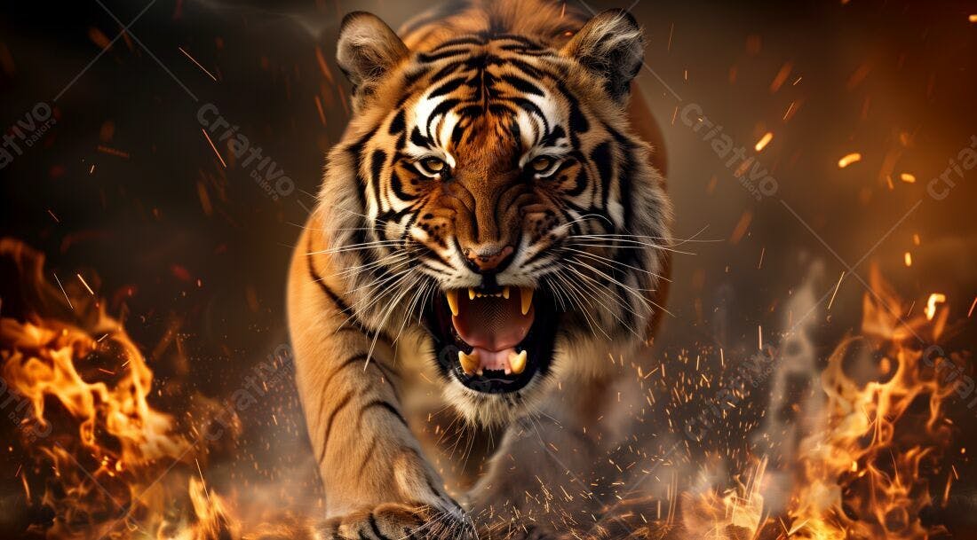 Tigre rugindo em chamas fundo escuro