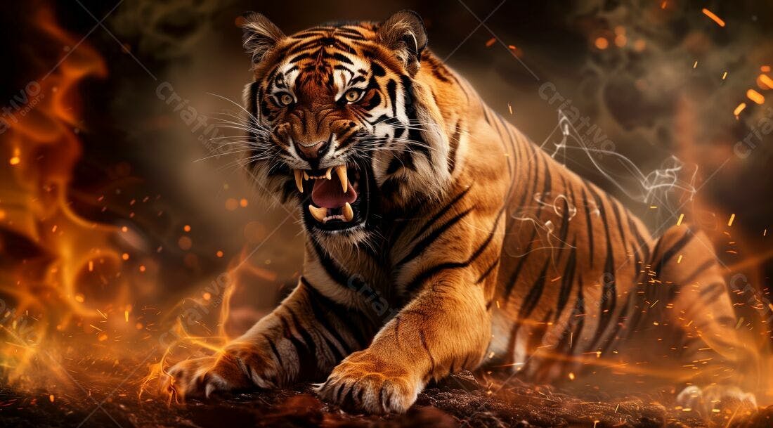 Tigre rugindo em chamas laranja e negras
