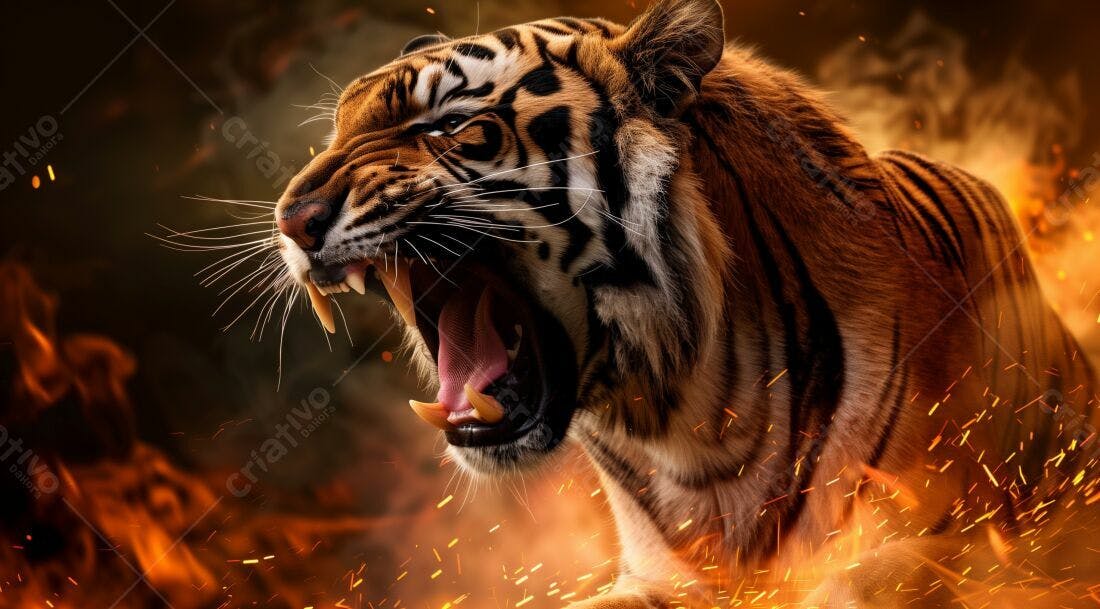 Tigre Rugindo em Chamas Fogo Selvagem