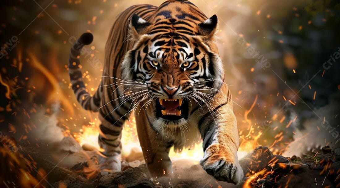 Tigre rugindo em chamas laranja e dourado