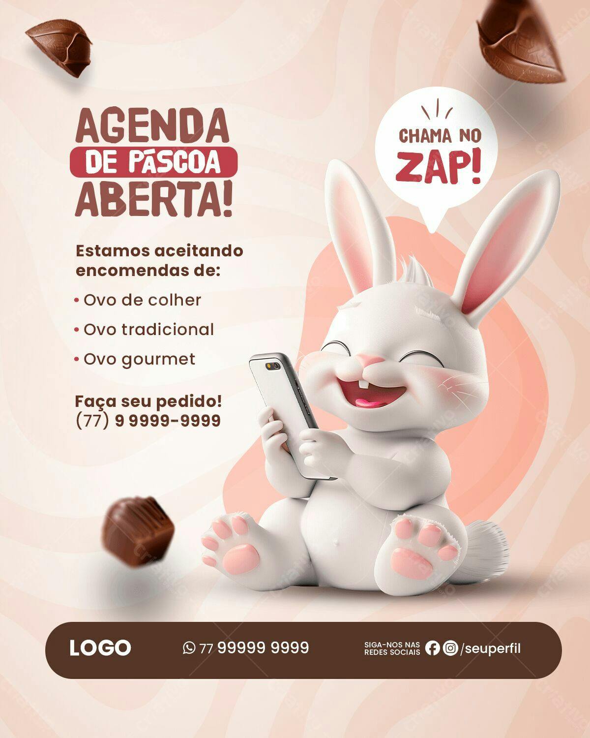 Flyer Páscoa com Coelho 3D PSD Editável