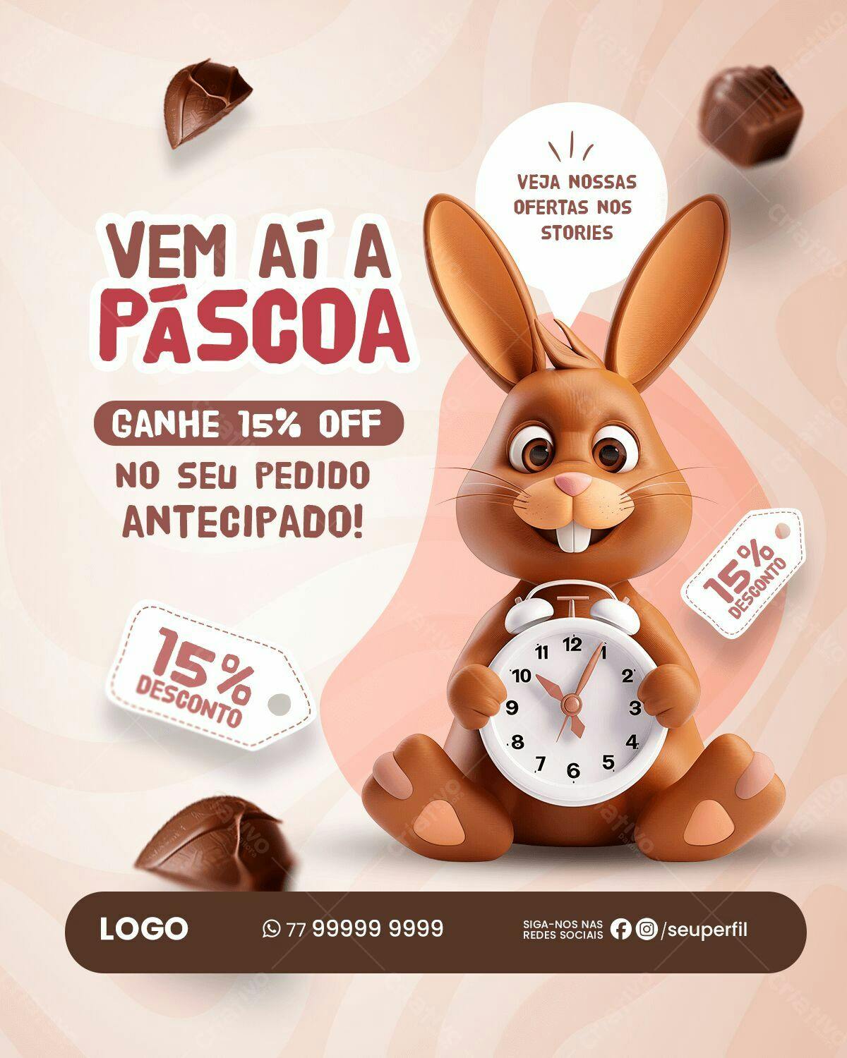 Flyer Páscoa com Coelho 3D PSD Editável