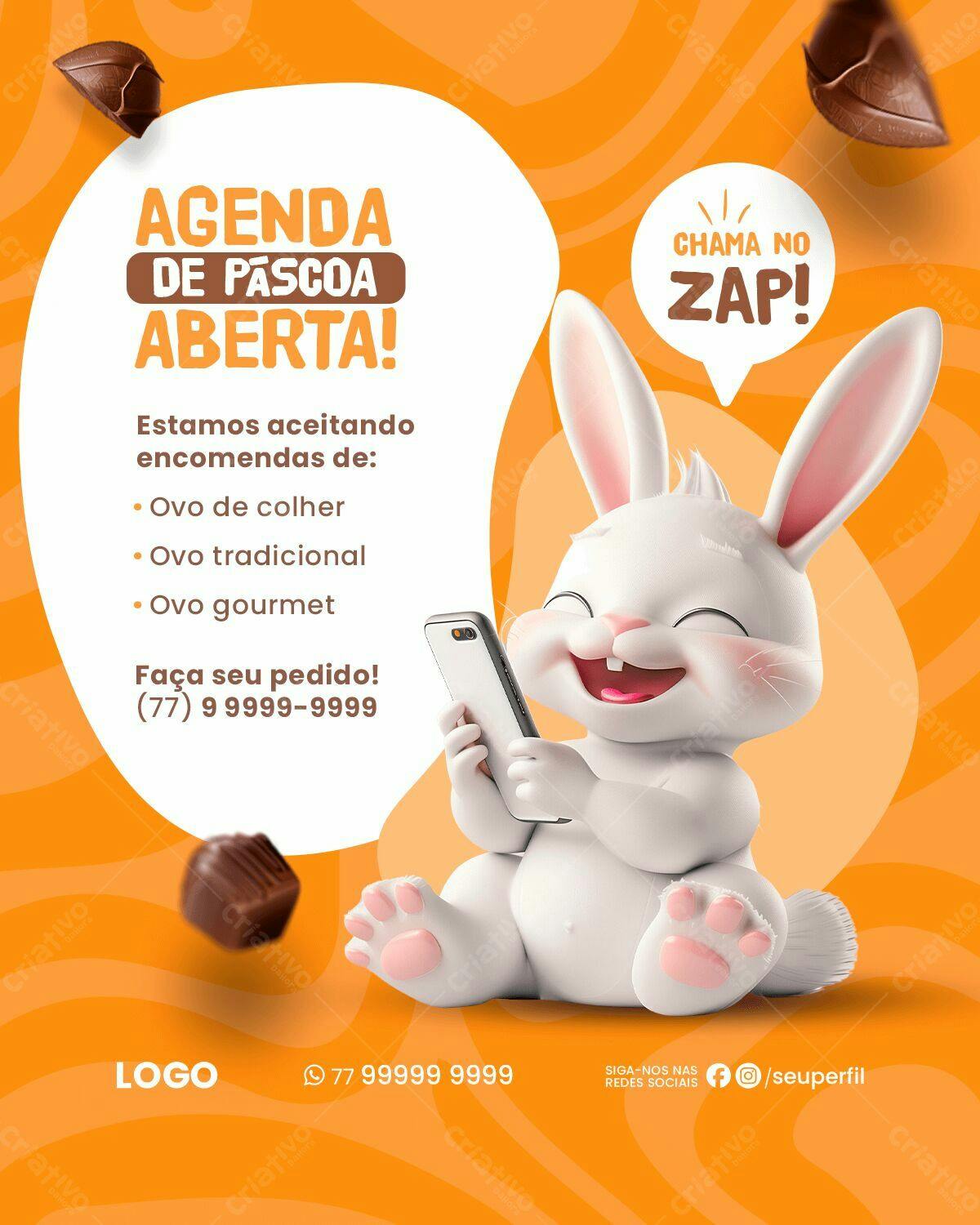 Flyer Páscoa com Coelho 3D PSD Editável