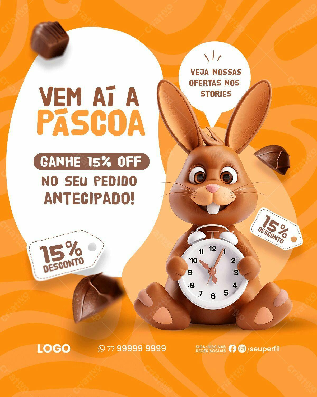 Flyer Páscoa com Coelho 3D PSD Editável