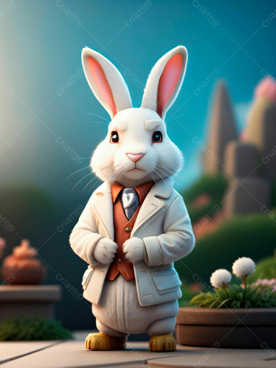 Coelho elegante em terno branco e cenário zen