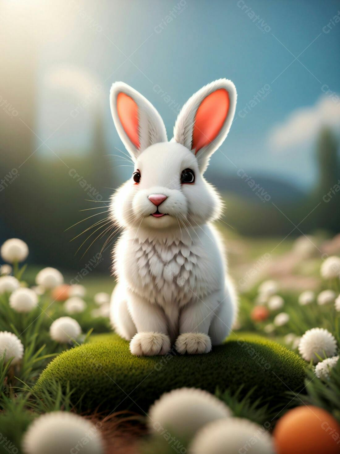 Coelhinho branco em campo de flores