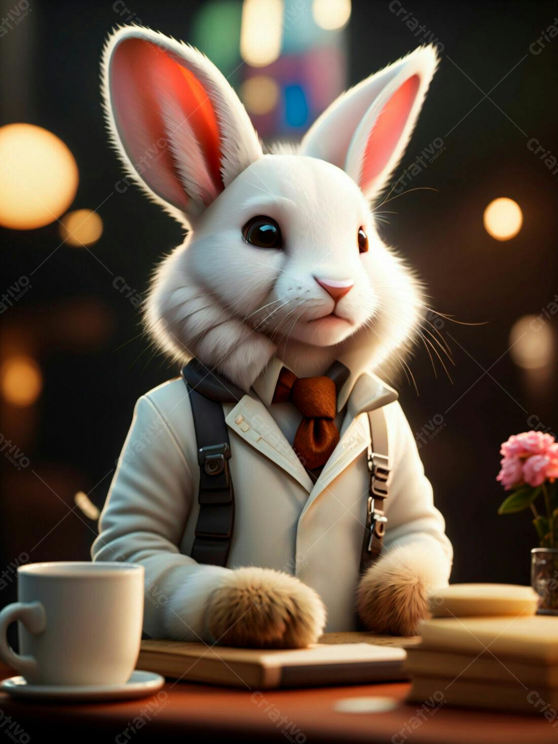 Coelhinho branco elegante em seu escritório