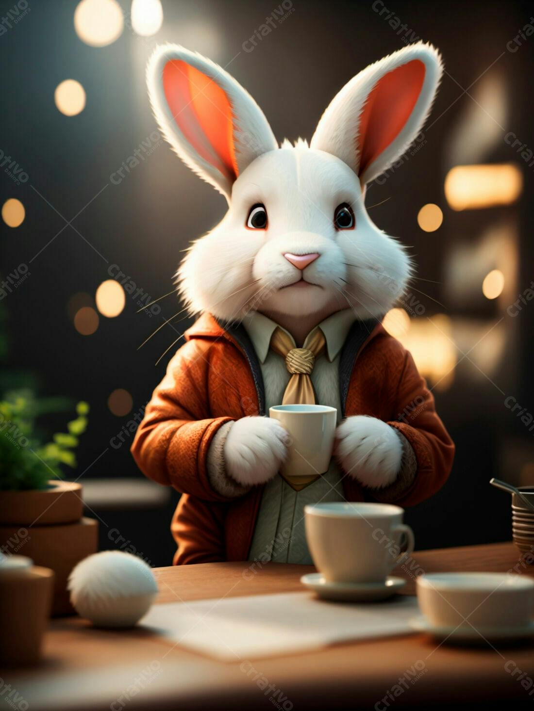 Coelhinho branco tomando café da manhã