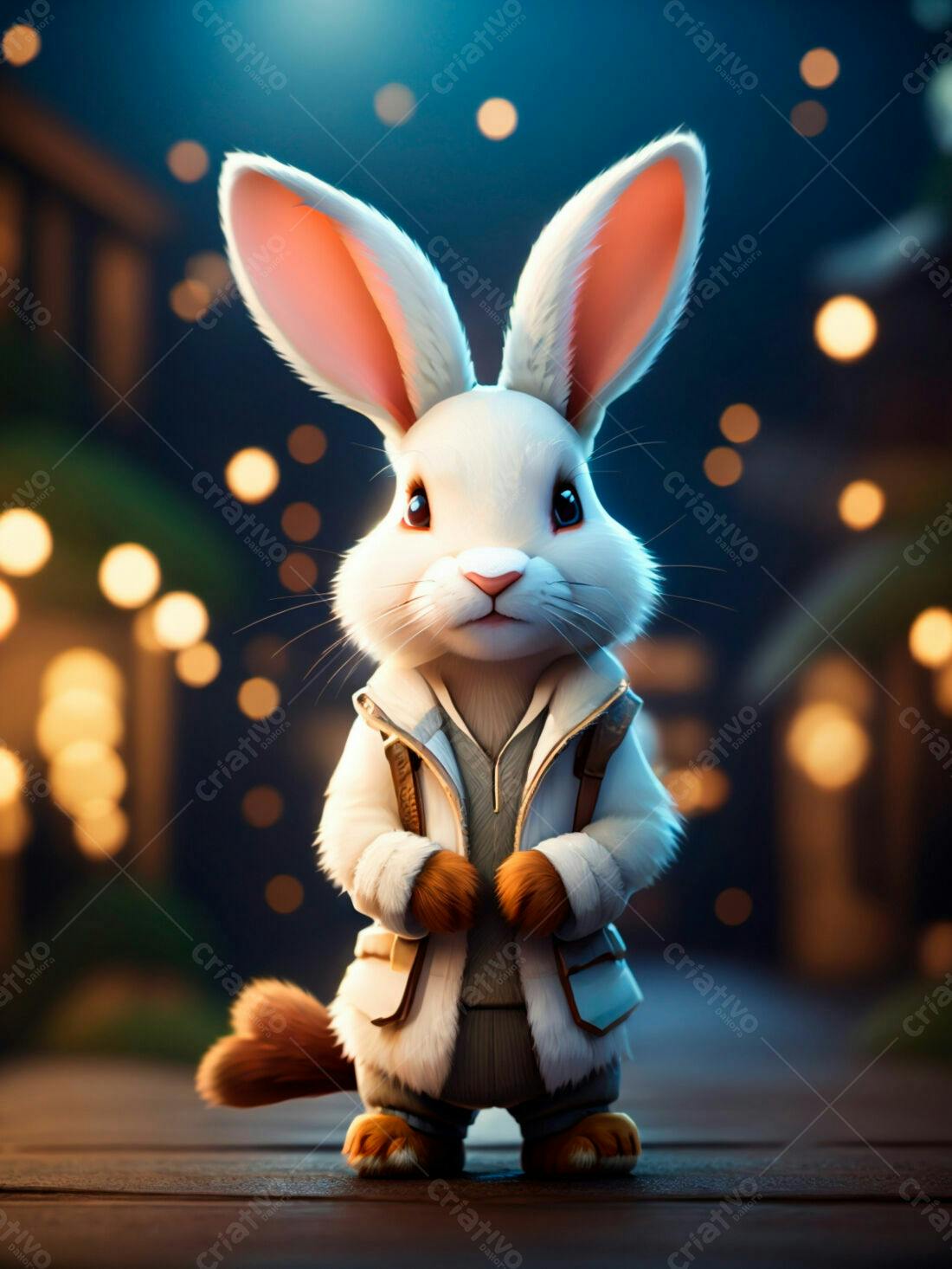 Coelhinho branco com casaco em noite iluminada