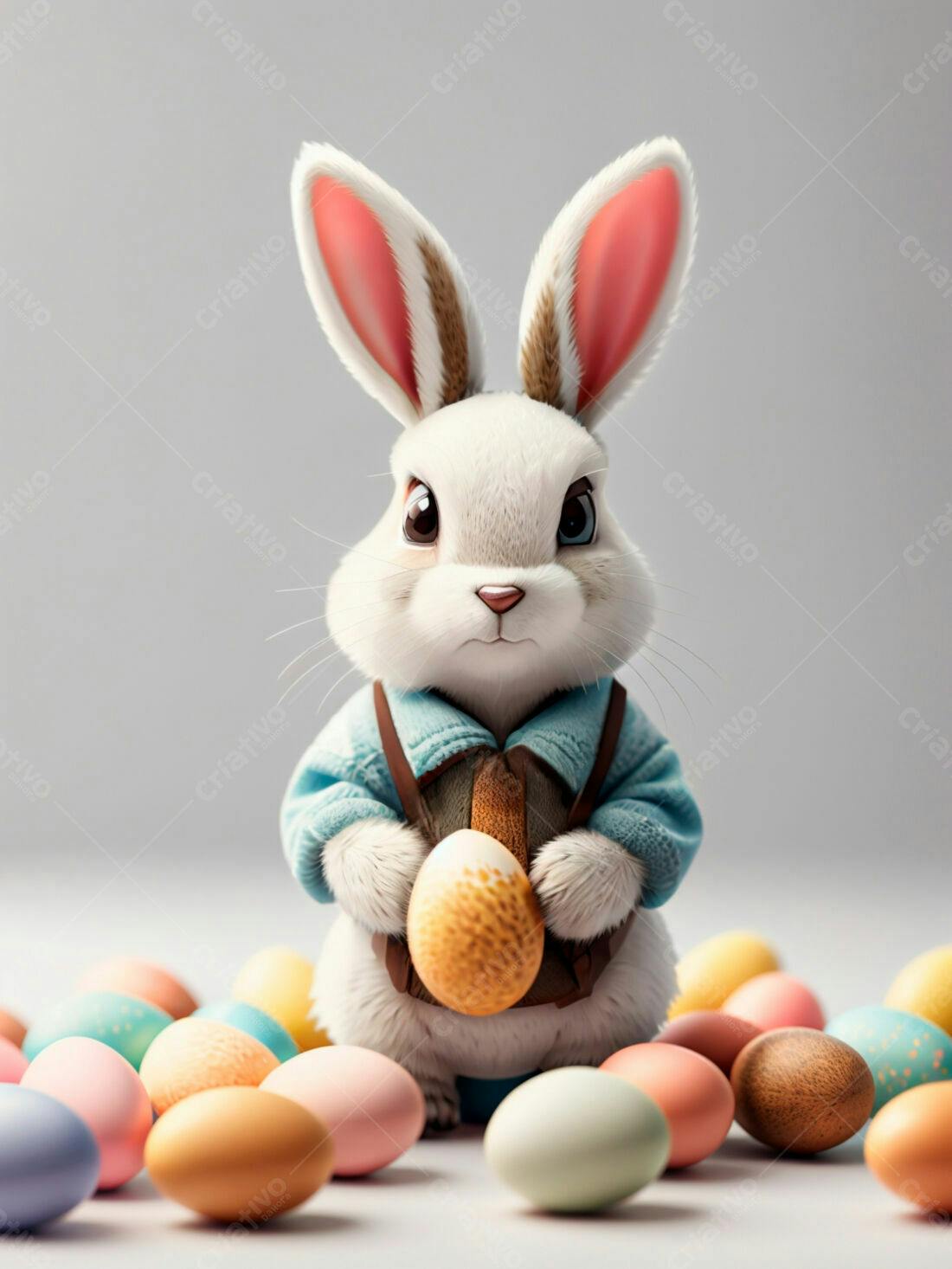 Coelhinho da Páscoa com ovo dourado e ovos coloridos