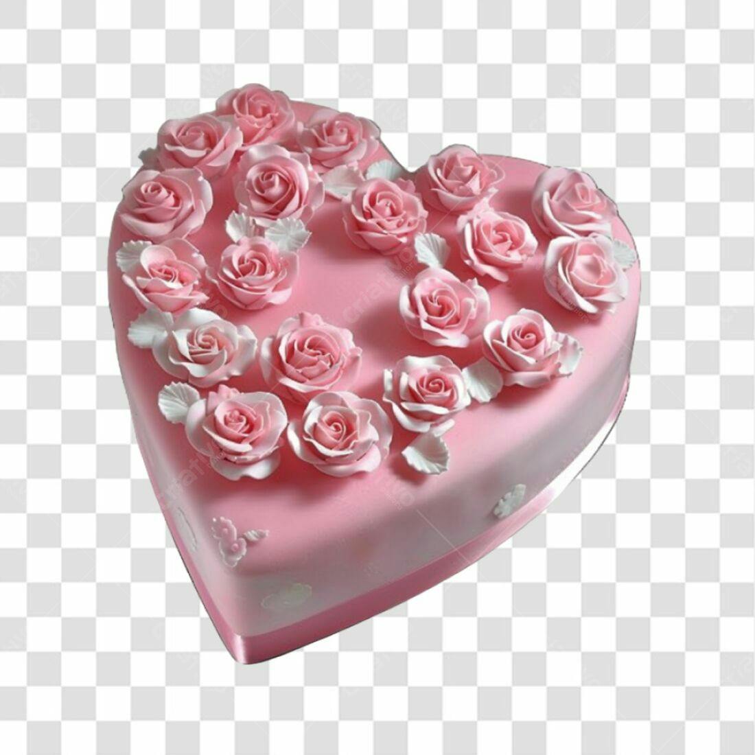 Bolo em formato de coração decorado com rosas PNG com fundo transparente