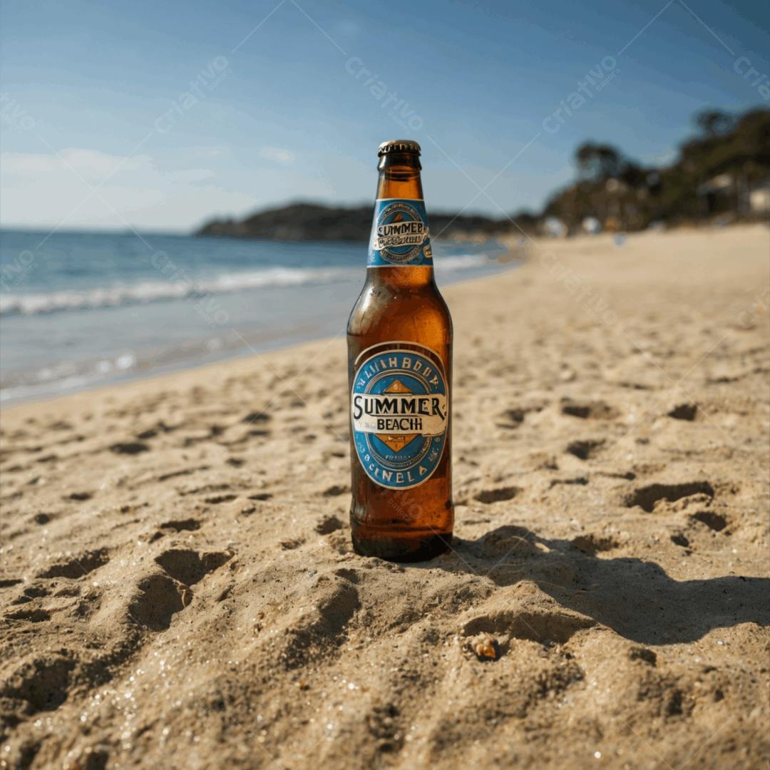 Garrafa de cerveja na praia em dia ensolarado