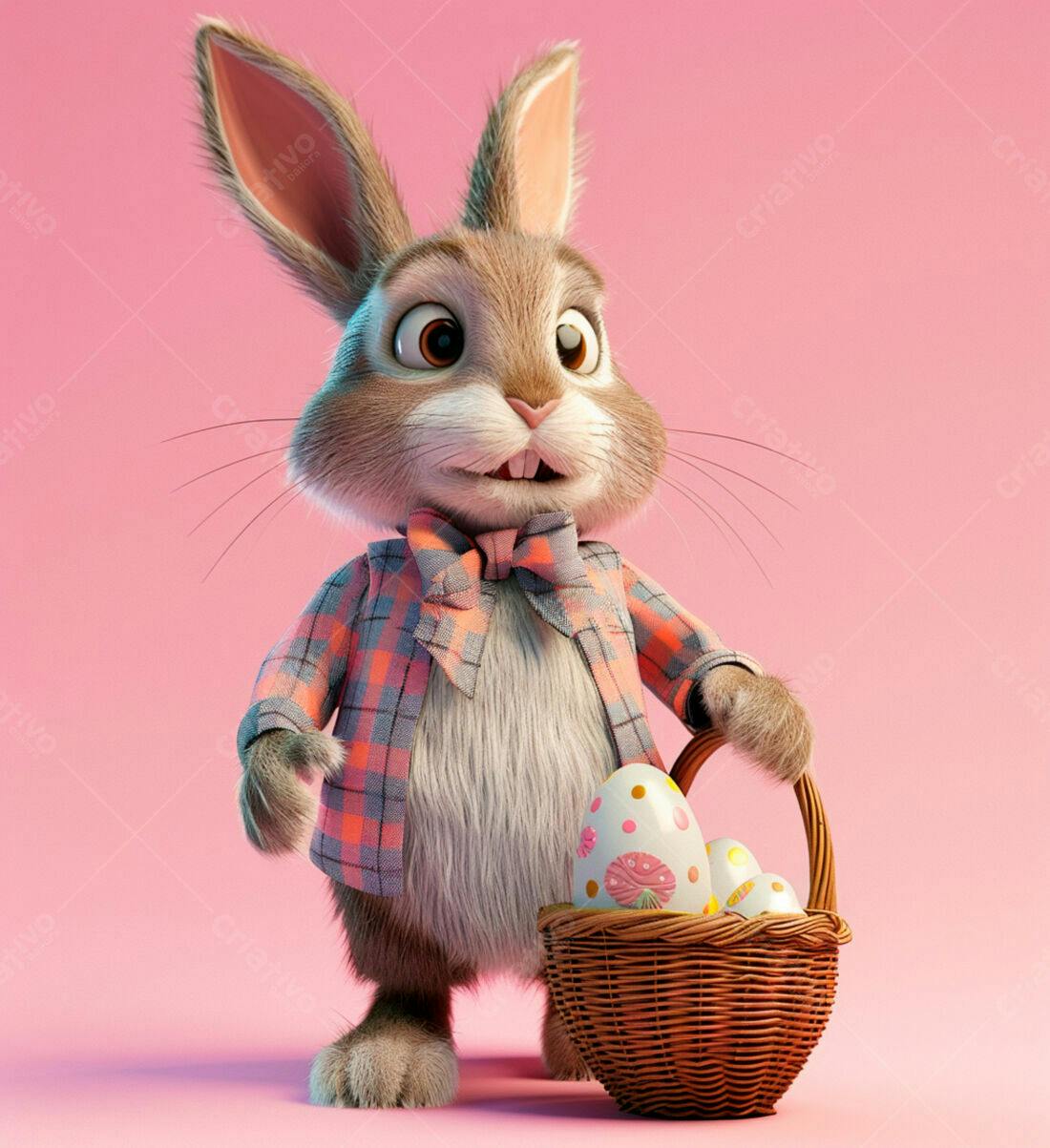 Coelho da Páscoa com cesta de ovos coloridos