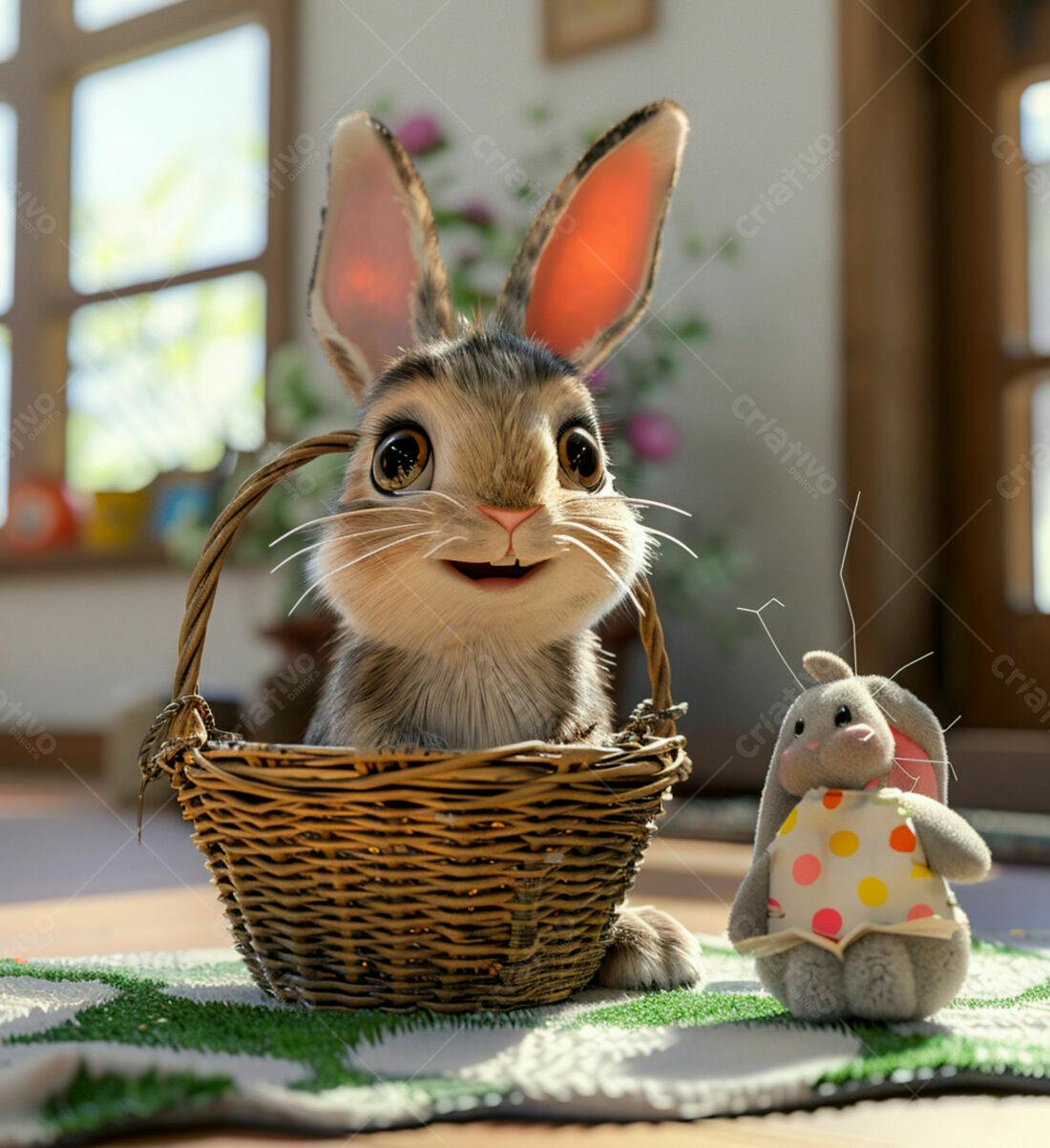 Coelhinho fofo em cesta de vime com ratinho