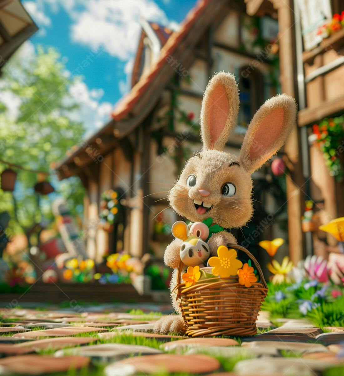 Coelhinho da Páscoa com cesta de flores