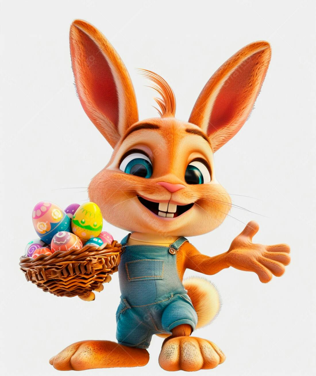 Coelho da Páscoa com cesta de ovos coloridos