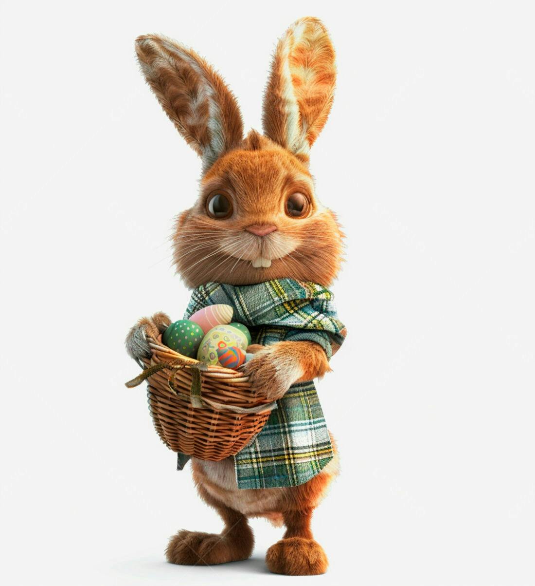 Coelho da Páscoa com cesta de ovos coloridos
