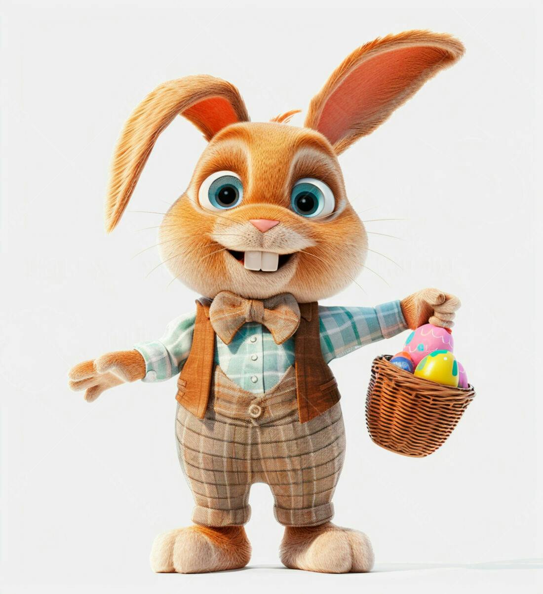 Coelho da Páscoa com cesta de ovos coloridos
