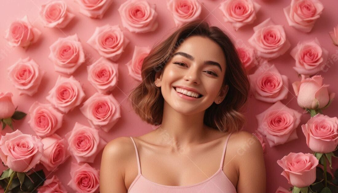 Mulher sorrindo cercada por rosas cor-de-rosa