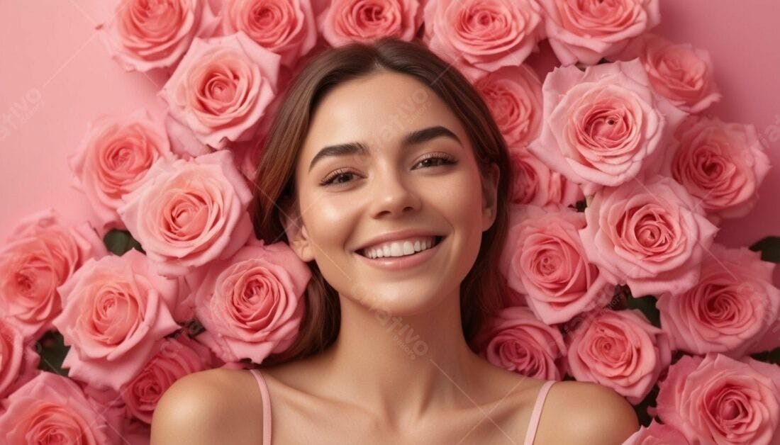 Mulher sorridente entre rosas cor-de-rosa